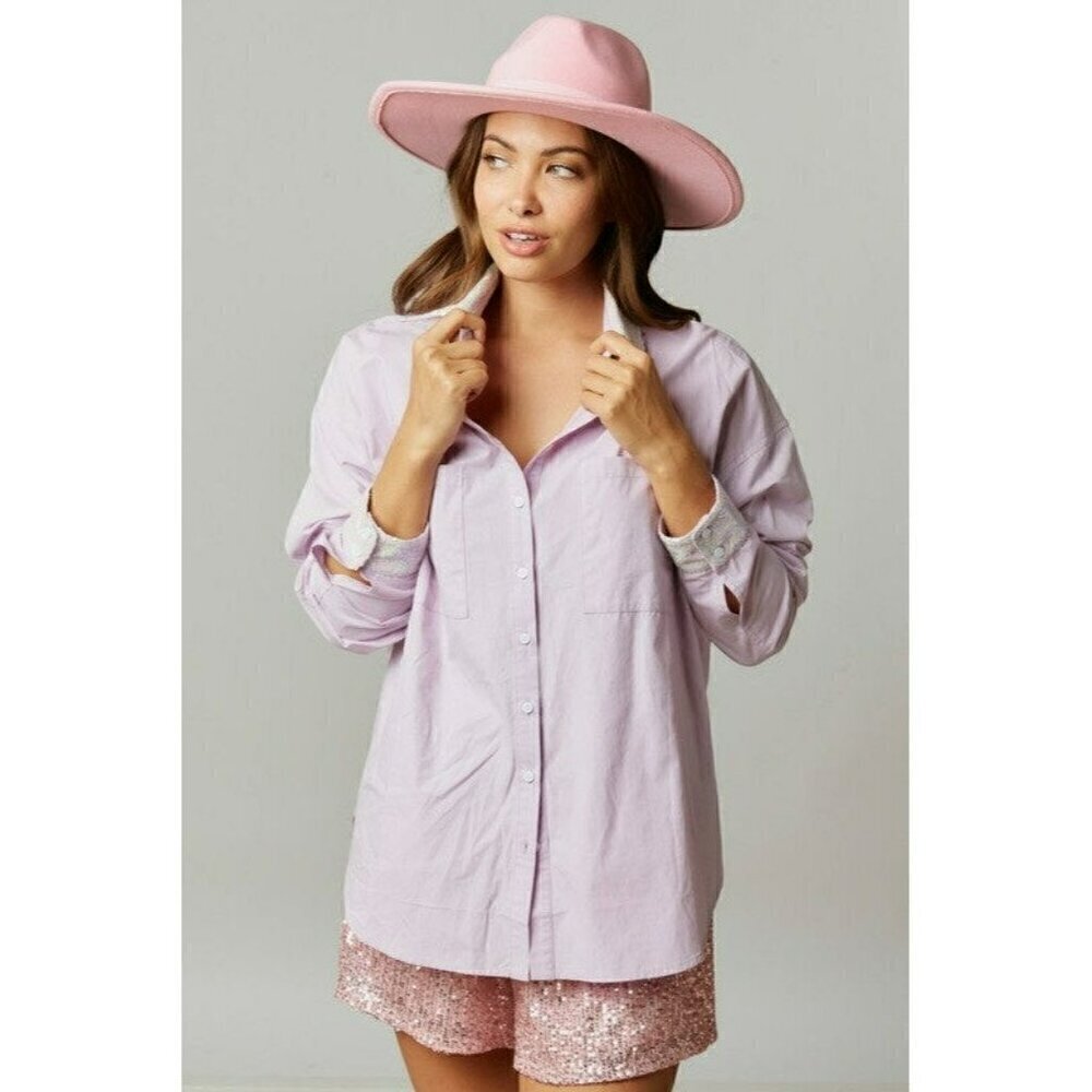 Mimosa Brunch Sequin Patch Poplin Oversize Shirt in Lavender - Picture 5 of 8